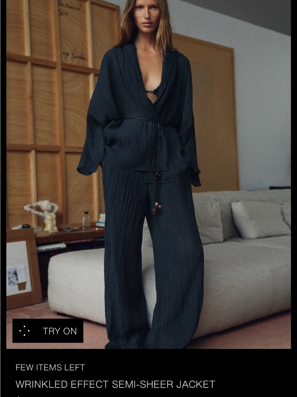 Zara Black Wrinkled Semi-Sheer Wrap Jacket
